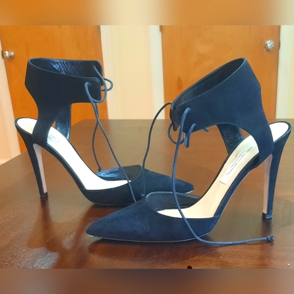 Saks Fifth Ave Black Suede Pointed Toe Stiletto with Corset Ankle Strap